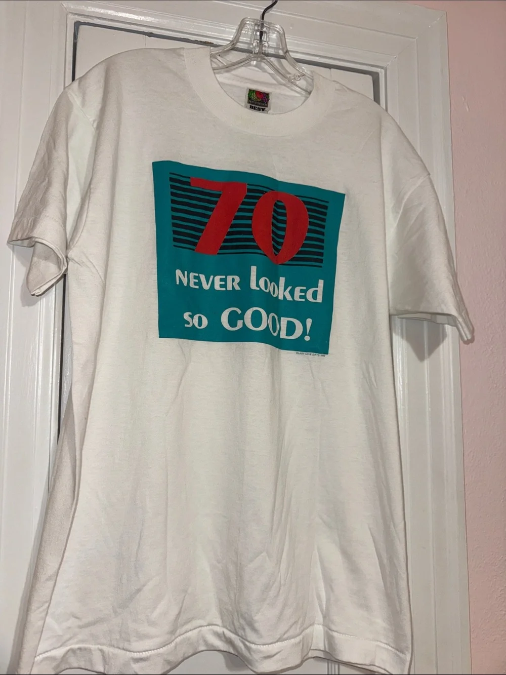 Vintage Hanes White Short-Sleeve Tee with Teal and Red Graphic